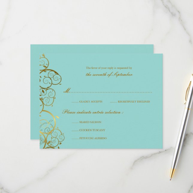 Turquoise & Classy Golden Spirals Elegant Wedding RSVP Card (Front/Back In Situ)