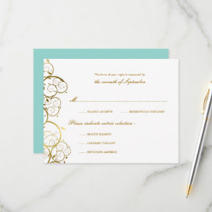 Turquoise & Classy Golden Spirals Elegant Wedding RSVP Card
