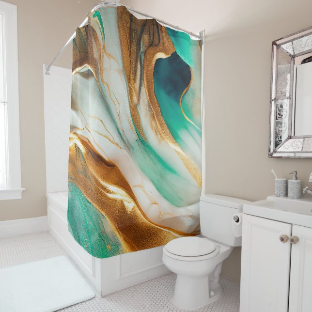Turquoise Coast Abstract Flowing Art Shower Curtain (In Situ)