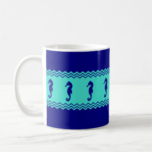 Turquoise Coastal Seahorses Stripes Coffee Mug