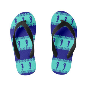 Turquoise Coastal Seahorses Stripes Kid's Thongs