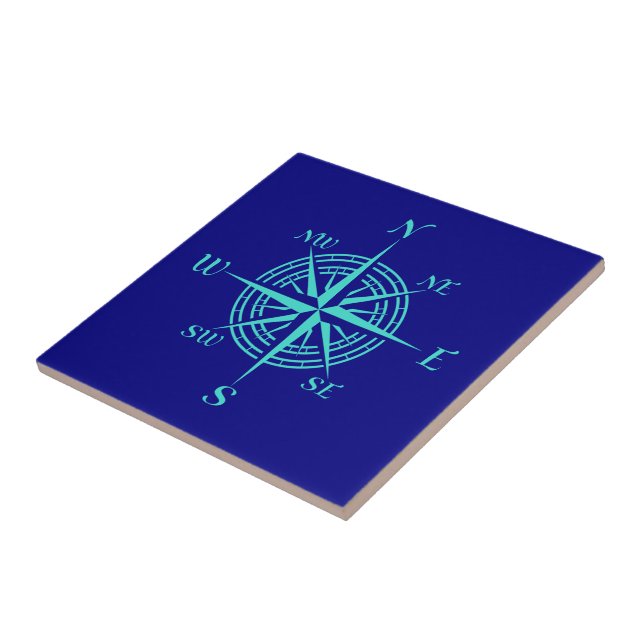 Turquoise Compass Rose On Navy Blue Coastal Decor Ceramic Tile (Side)