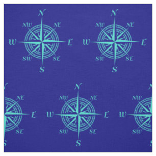 Turquoise Compass Rose On Navy Blue Coastal Decor Fabric
