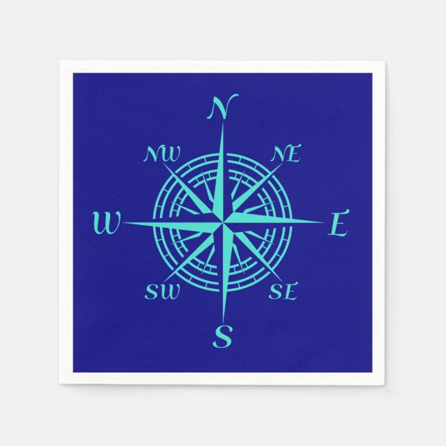 Turquoise Compass Rose On Navy Blue Napkin (Front)