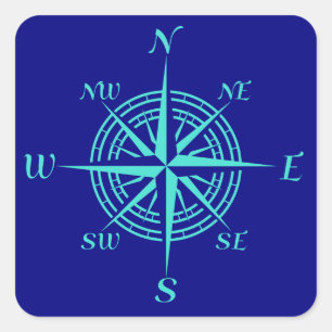 Turquoise Compass Rose On Navy Blue Square Sticker