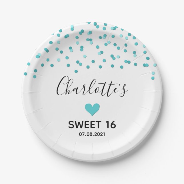 Turquoise Confetti Sweet 16 Birthday Party Paper Plate (Front)
