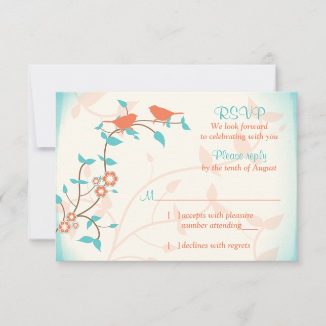 Turquoise Coral Birds Leaves Wedding RSVP Reply (Front)