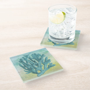 Turquoise Coral Branch Glass Coaster
