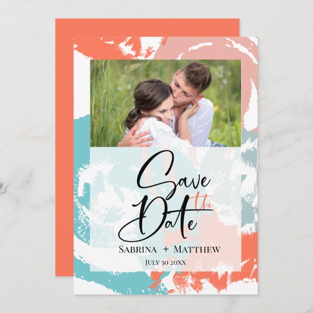 Turquoise Coral Brush Strokes Save the Date3 Invitation (Front/Back)