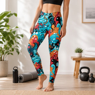 Turquoise Coral Ocean Wave Abstract Fluid Art Leggings