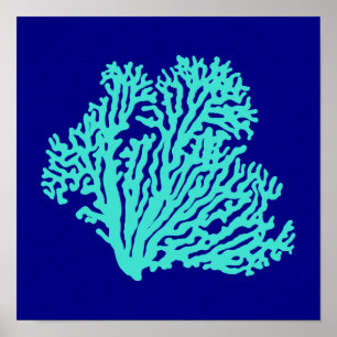 Turquoise Coral On Navy Blue Coastal Decor