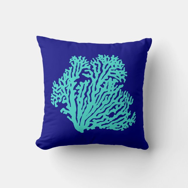 Turquoise Coral On Navy Blue Coastal Decor Cushion (Front)