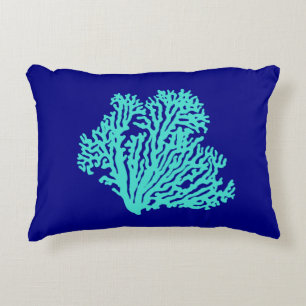 Turquoise Coral On Navy Blue Coastal Decor Decorative Cushion