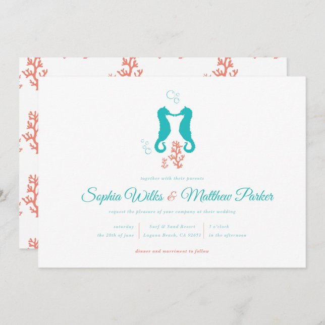 Turquoise Coral Seahorse Wedding Invitation (Front/Back)