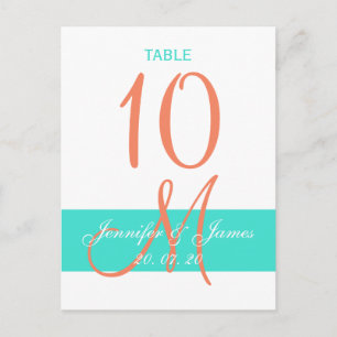 Turquoise Coral Wedding Table Number Postcard