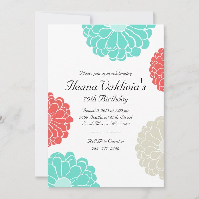 Turquoise Coral Zinnia Flower Birthday Invitation (Front)
