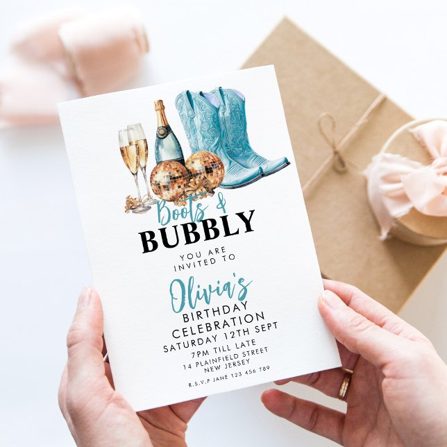 Turquoise Cowboy Boots and Bubbly Party Invitation (Creator Uploaded)