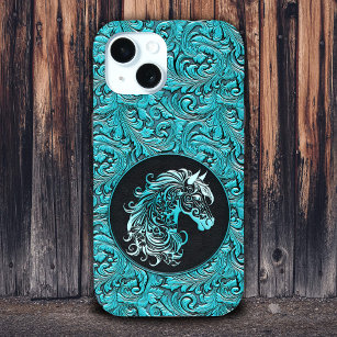 Turquoise cowgirl floral tooled leather horse head iPhone 15 case