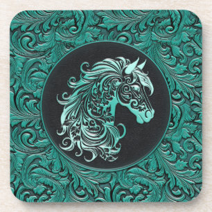 Turquoise cowgirl floral tooled leather horse head coaster