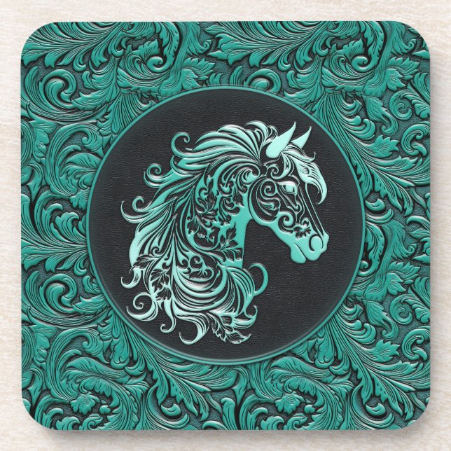 Turquoise cowgirl floral tooled leather horse head coaster (Front)