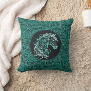 Turquoise cowgirl floral tooled leather horse head cushion