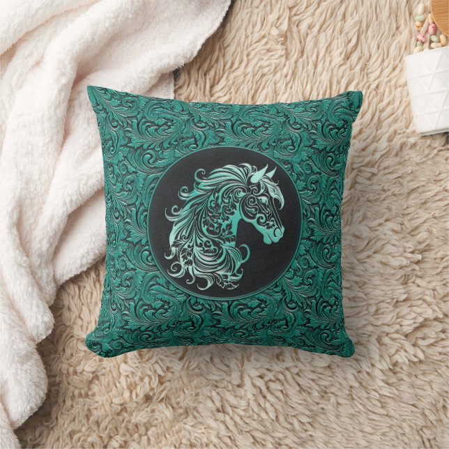 Turquoise cowgirl floral tooled leather horse head cushion (Blanket)