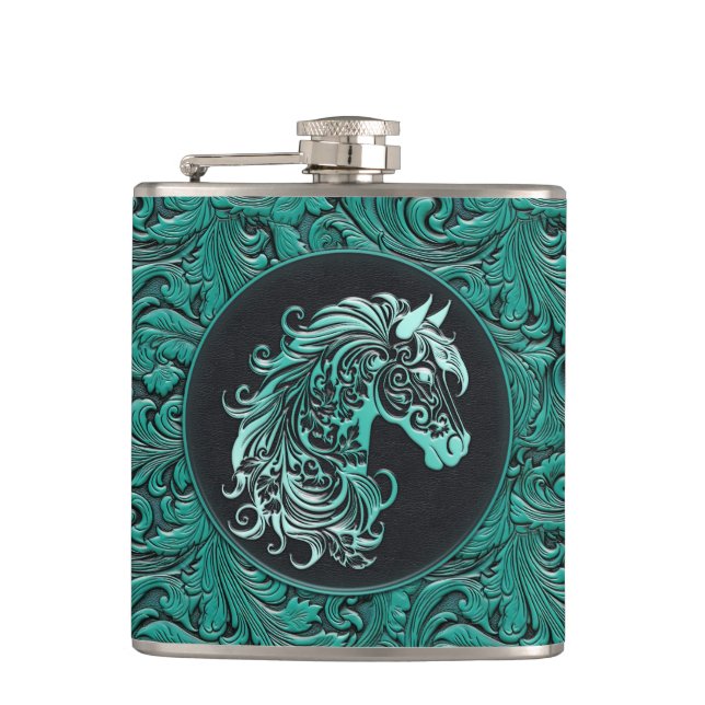 Turquoise cowgirl floral tooled leather horse head hip flask (Front)