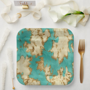 Turquoise Cream Animal Cowhide Western Cowgirl Paper Plate