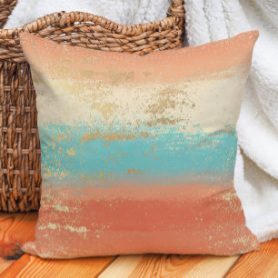 Turquoise Cream Coral Gold Boho Coastal Cushion