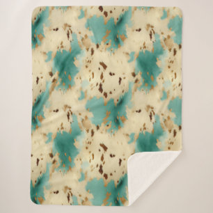 Turquoise Cream Gold Southwest Cowhide Sherpa Blanket