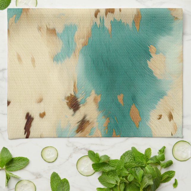 Turquoise Cream Gold Southwest Cowhide Tea Towel (Folded)
