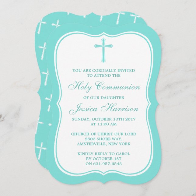 Turquoise Cross Holy Communion Or Confirmation Invitation (Front/Back)