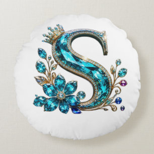 Turquoise Crystal Letter S & Crown Round Cushion