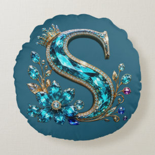 Turquoise Crystal Letter S & Crown Round Cushion