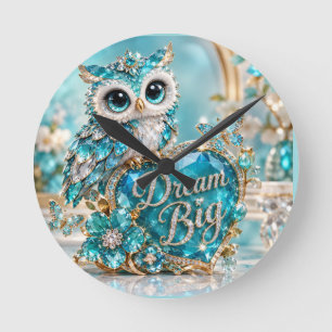 Turquoise Crystal Owl Dream Big Luxury Design Round Clock