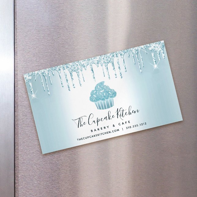Turquoise Cupcake Bakery Pastry Chef Glitter Drips Magnetic Business Card (Creator Uploaded)