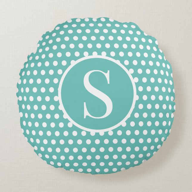 Turquoise Custom initial letter Polka Dot  Round Cushion (Front)