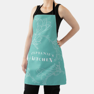 Turquoise Custom Name Hand-Drawn Floral Outline Apron