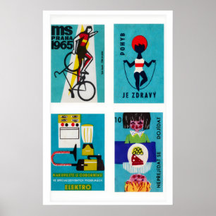 Turquoise Czech Matchbox Labels Grid Print