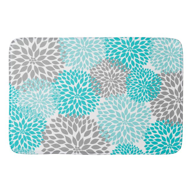 Turquoise Dahlia Blooms, bold floral bathroom deco Bath Mat (Front)