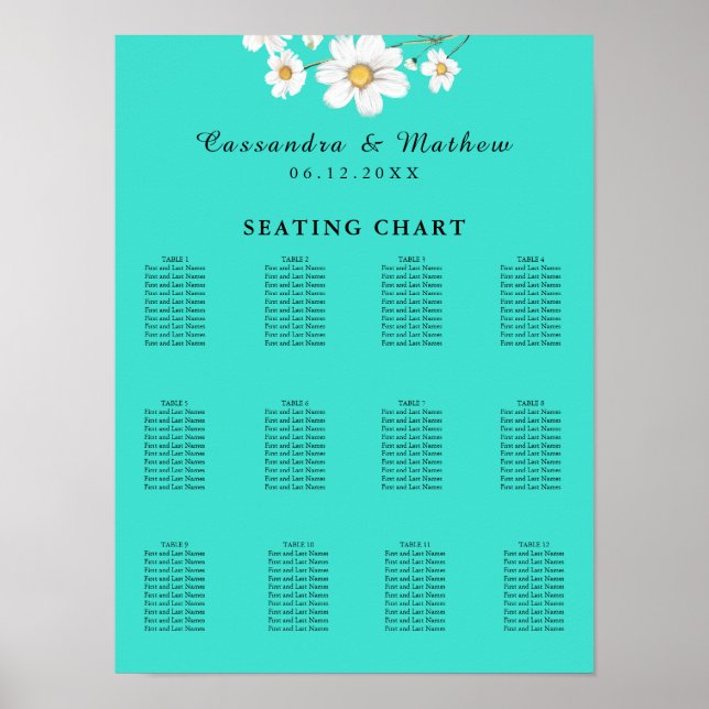 Turquoise Daisy Floral Wedding 120 Seating Chart (Front)