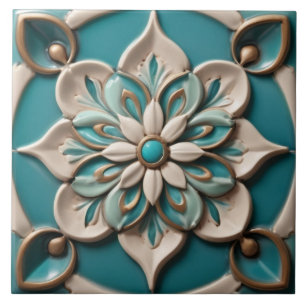 Turquoise Daisy Flower Faux Relief Boho Floral Ceramic Tile