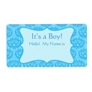 Turquoise Damask Boy Baby Shower Custom Name Tag