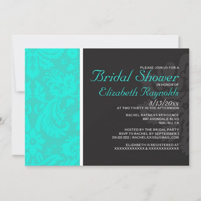 Turquoise Damask Bridal Shower Invitations (Front)