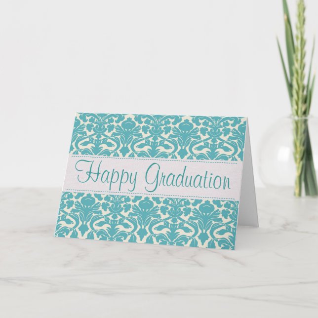 Turquoise Damask Customisable Anniversary Card (Front)