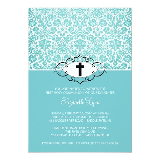 Turquoise Damask First Communion Inviation Card