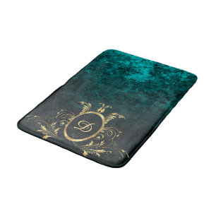 Turquoise Damask gold Frame Personalised Bath Mat