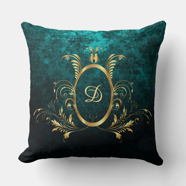 Turquoise Damask gold Frame Personalised Cushion (Front)