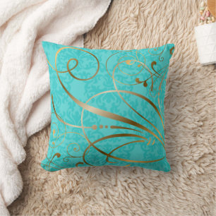 Turquoise Damask Gold Swirls Flourishes Cushion