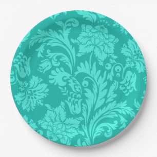 Turquoise damask print paper plate